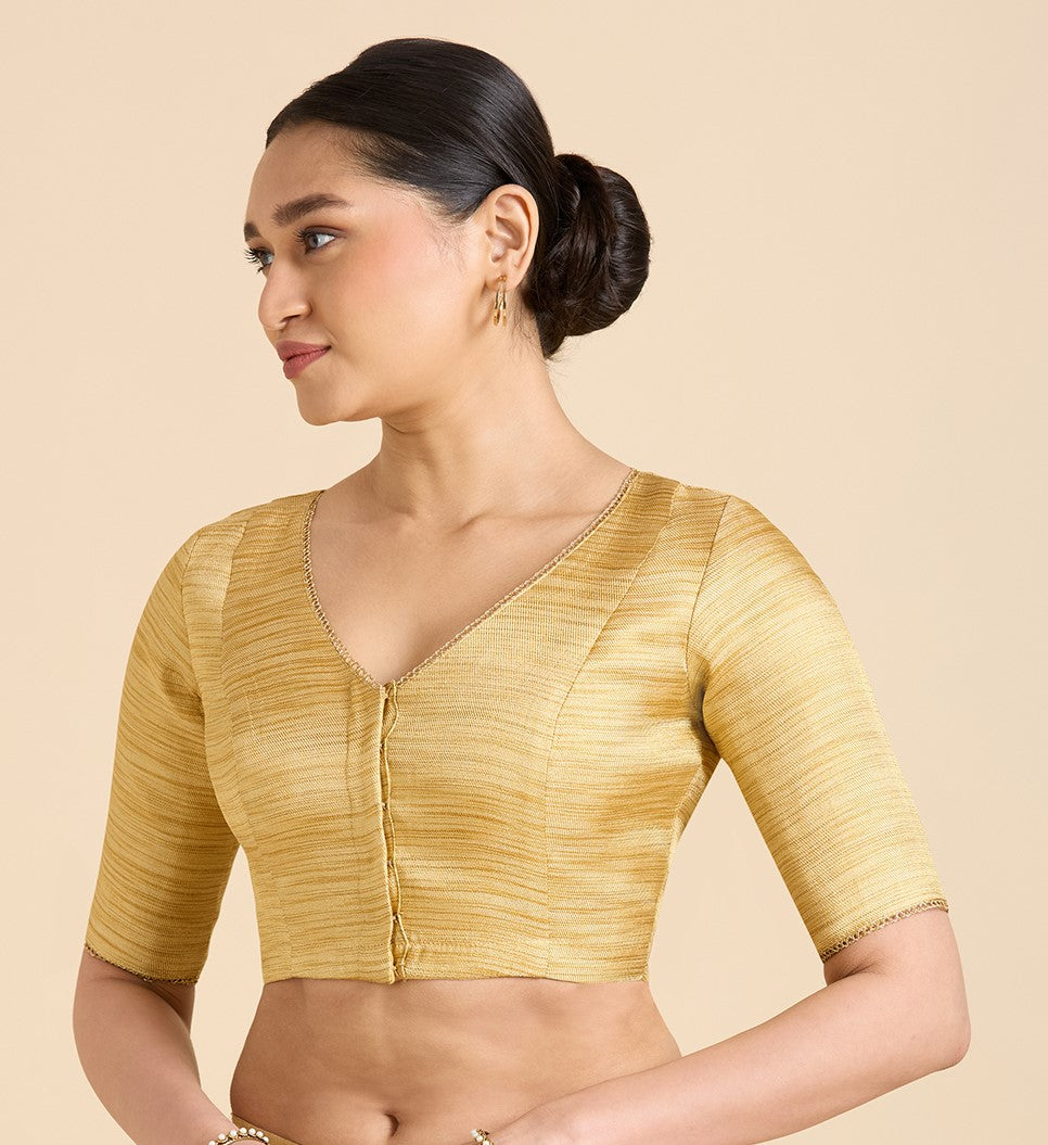 Women's Golden Benaras Brocade V-Neck Readymade Saree Blouse (Design 2938)