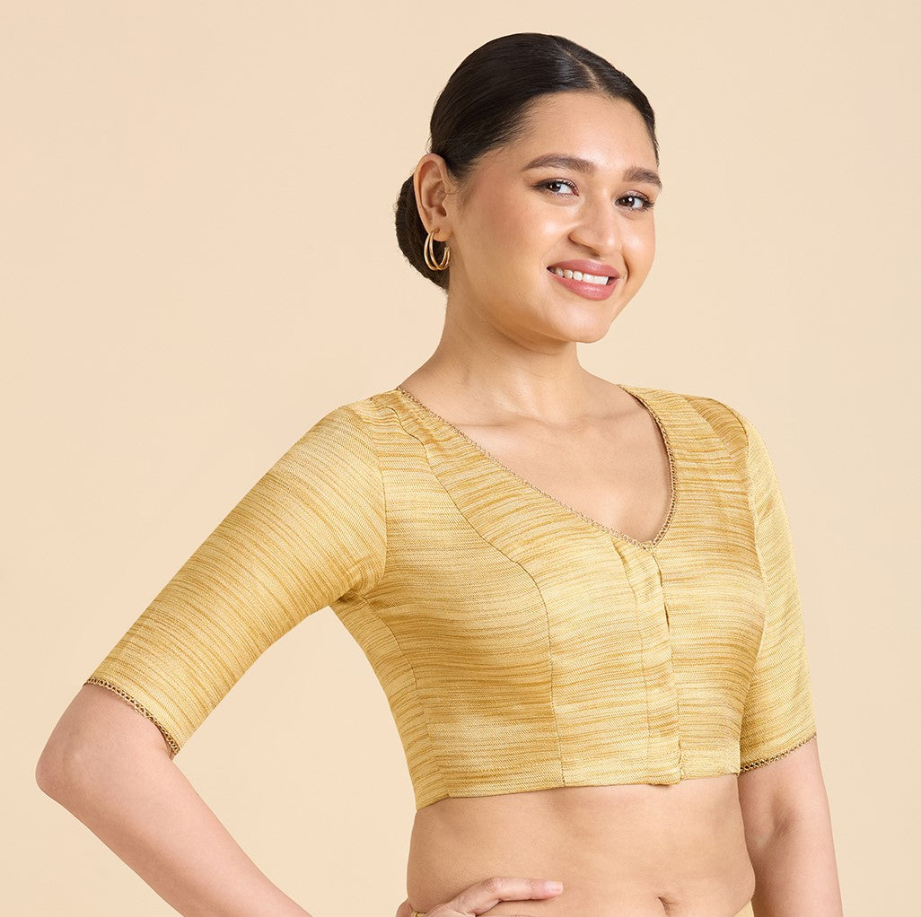 Women's Golden Benaras Brocade V-Neck Readymade Saree Blouse (Design 2938)