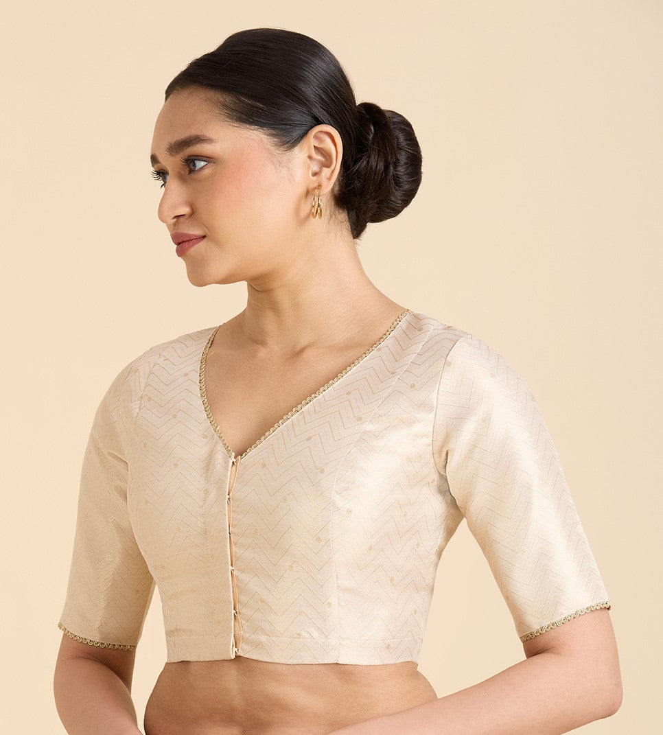 Women's Light Gold Benaras Brocade V-Neck Readymade Saree Blouse (Design 2939)