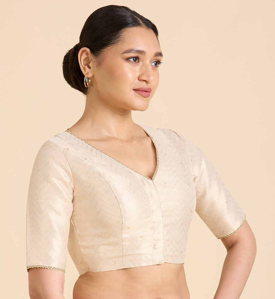 Women's Light Gold Benaras Brocade V-Neck Readymade Saree Blouse (Design 2939)