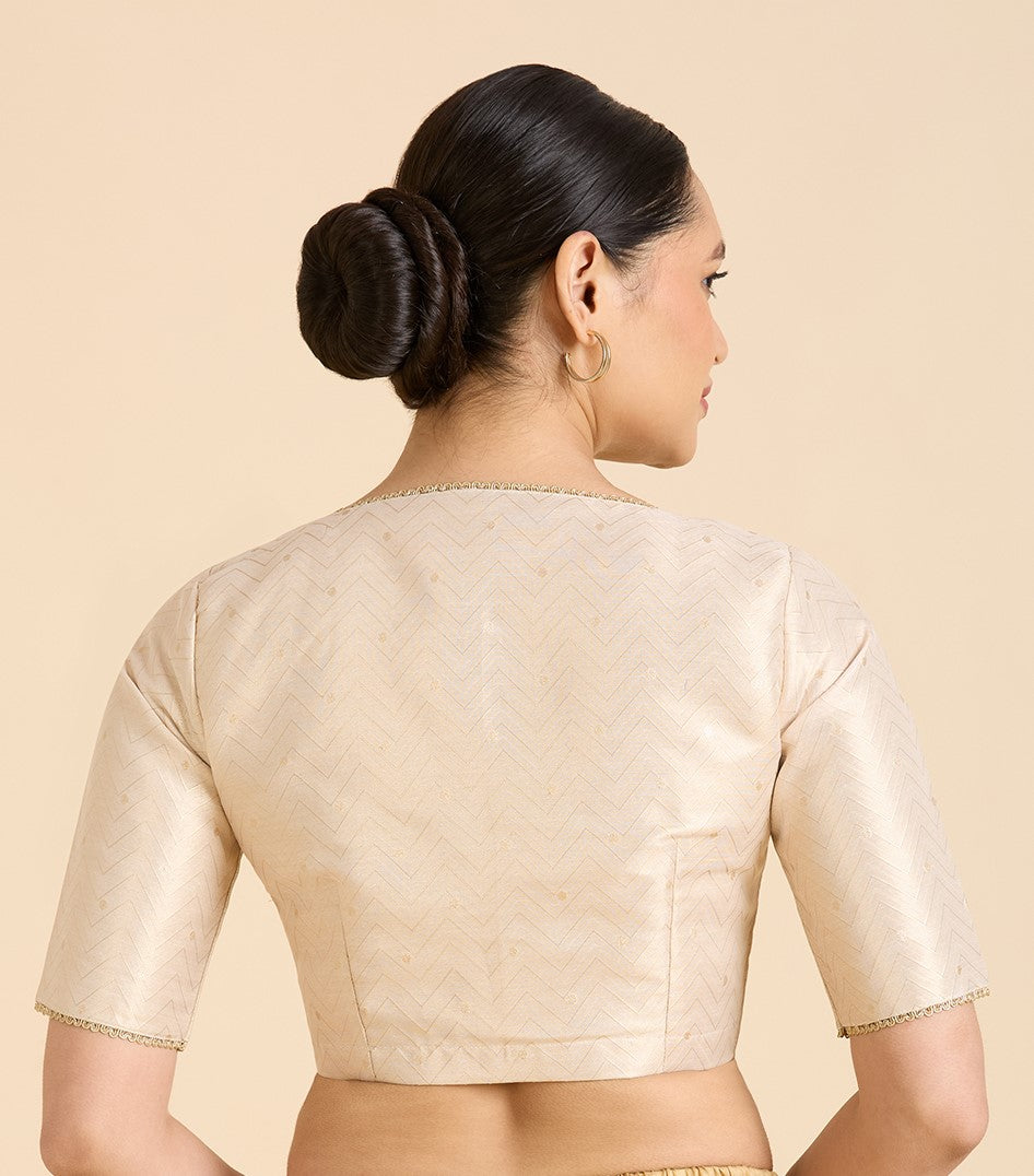 Women's Light Gold Benaras Brocade V-Neck Readymade Saree Blouse (Design 2939)