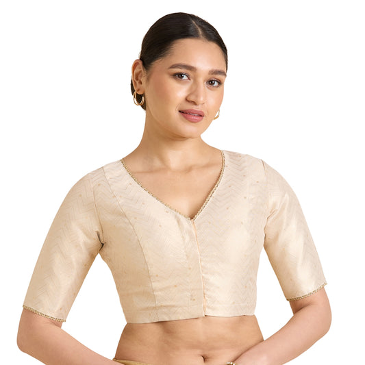 Women's Light Gold Benaras Brocade V-Neck Readymade Saree Blouse (Design 2939)