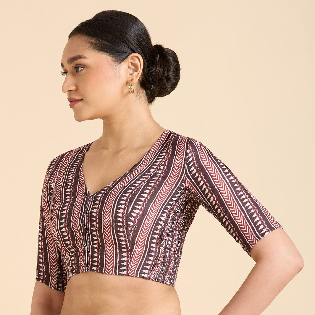 Women's Brown Cotton Traditional Block Printed Side Stretch (Smocked) Saree Blouse (Design 2940)