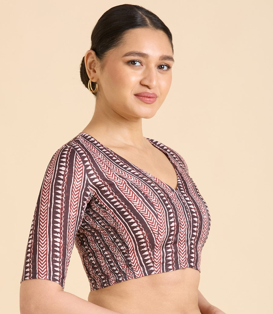 Women's Brown Cotton Traditional Block Printed Side Stretch (Smocked) Saree Blouse (Design 2940)