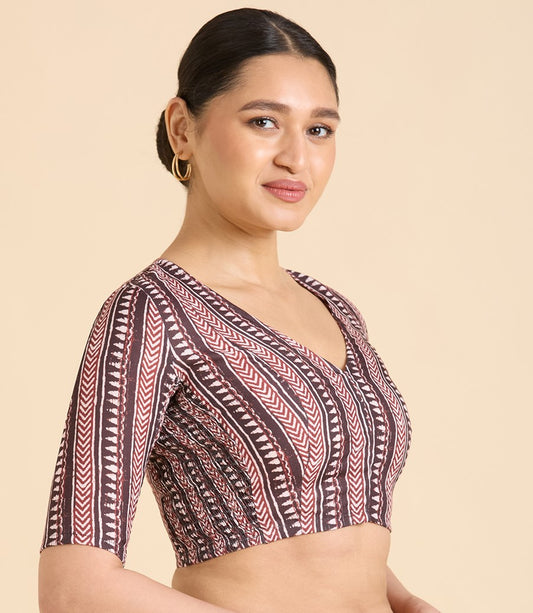 Women's Brown Cotton Traditional Block Printed Side Stretch (Smocked) Saree Blouse (Design 2940)