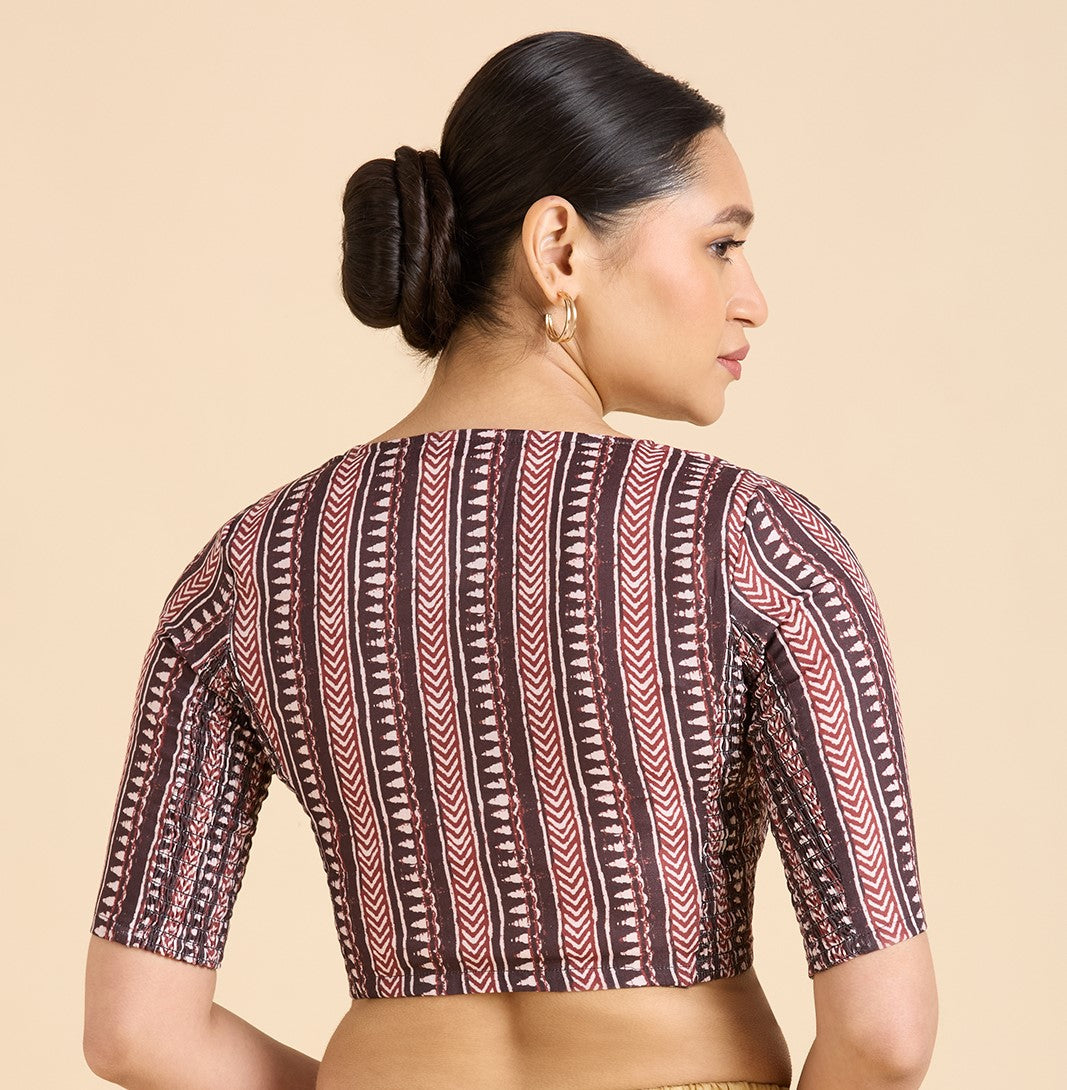 Women's Brown Cotton Traditional Block Printed Side Stretch (Smocked) Saree Blouse (Design 2940)