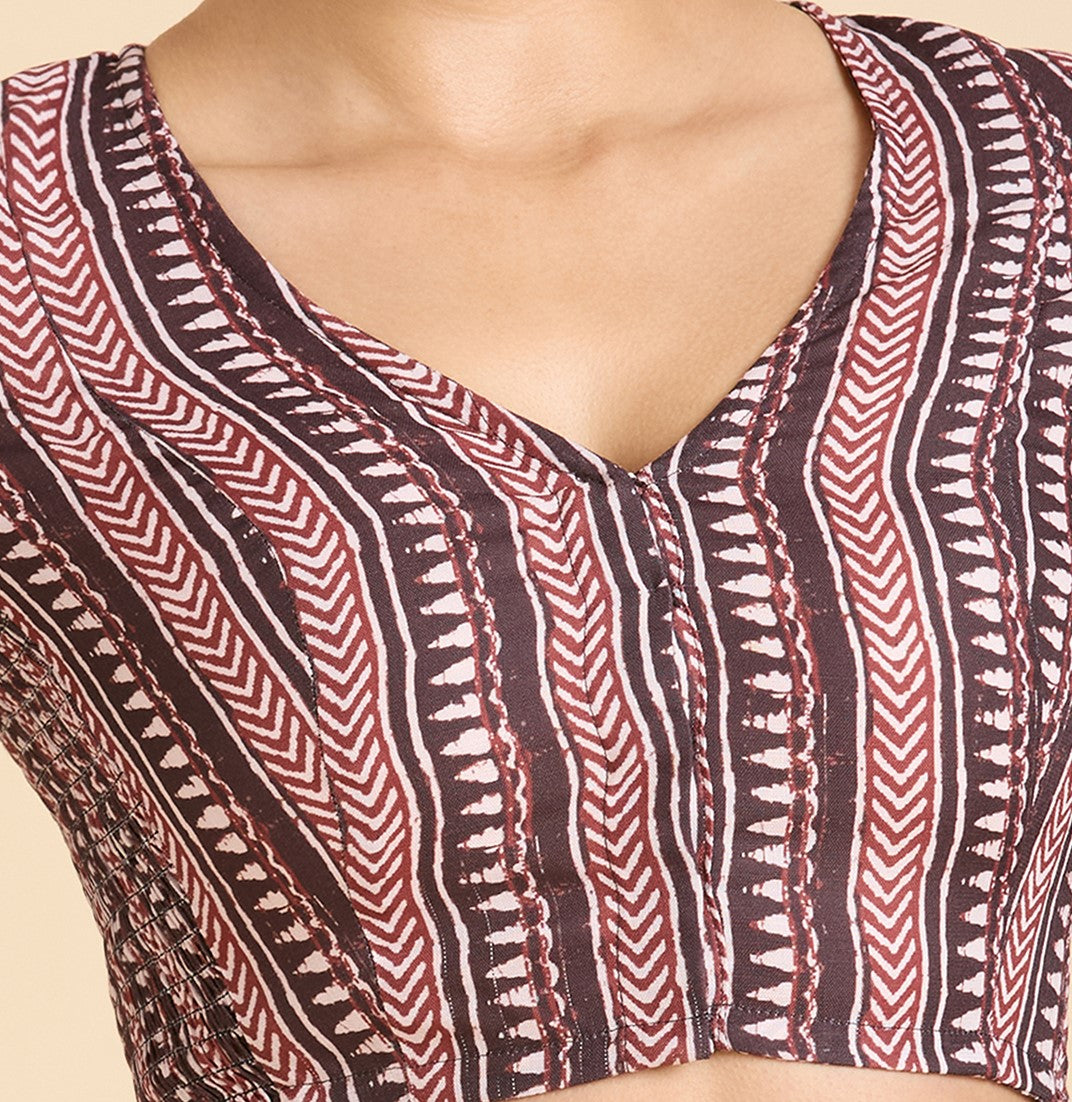 Women's Brown Cotton Traditional Block Printed Side Stretch (Smocked) Saree Blouse (Design 2940)