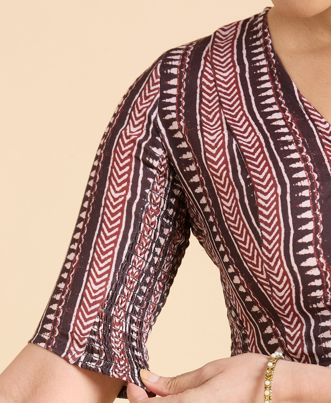 Women's Brown Cotton Traditional Block Printed Side Stretch (Smocked) Saree Blouse (Design 2940)