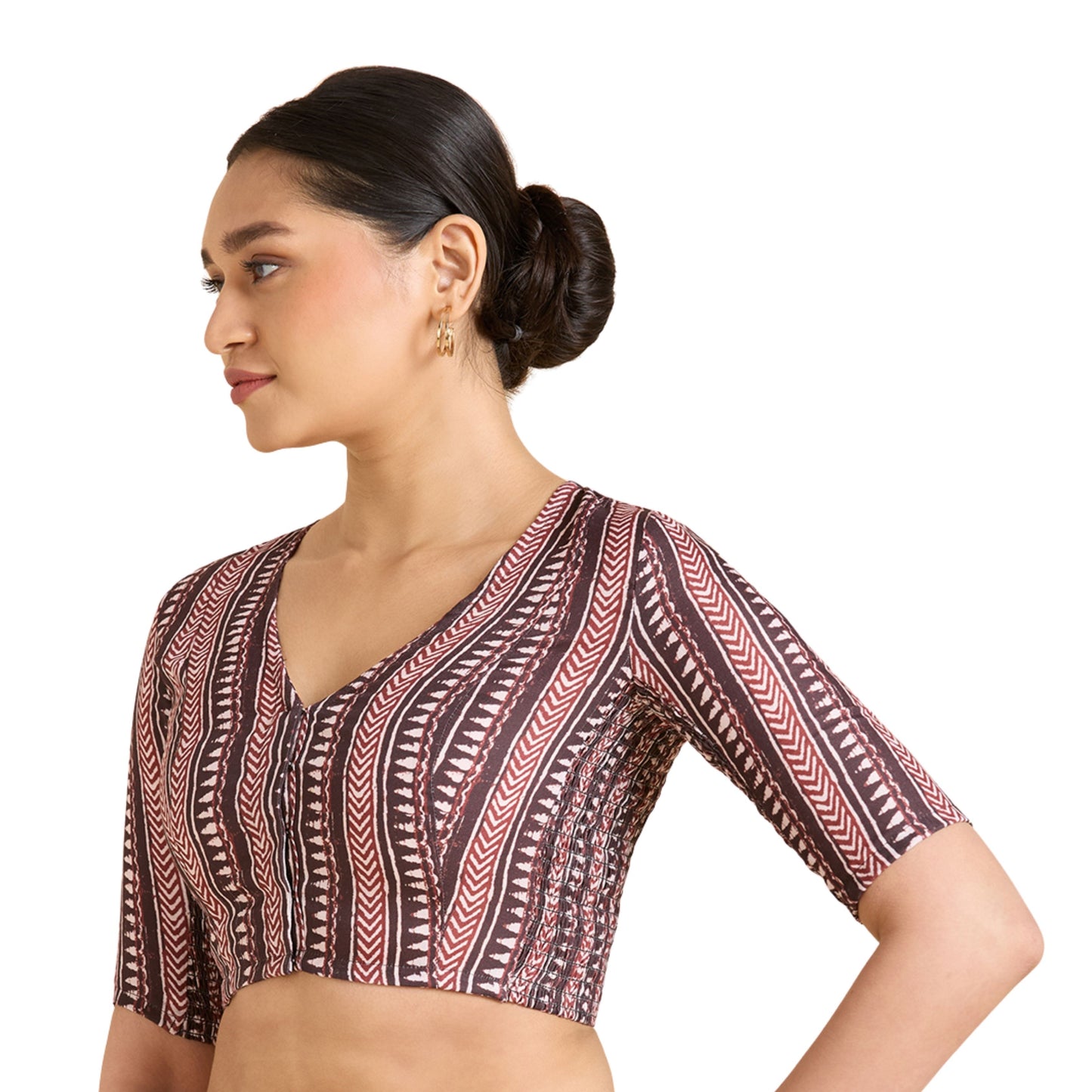 Women's Brown Cotton Traditional Block Printed Side Stretch (Smocked) Saree Blouse (Design 2940)