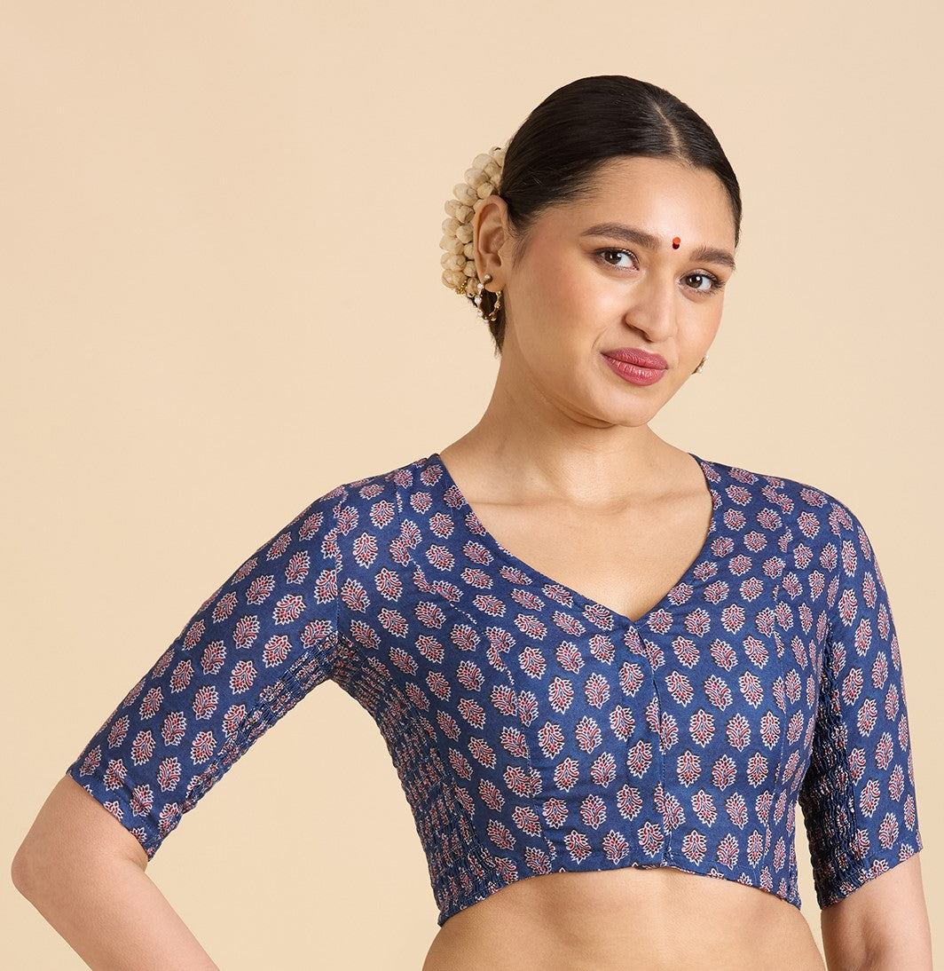 Women's Blue Cotton Printed Side Stretch (Smocked) Readymade Saree Blouse (Design 2941)
