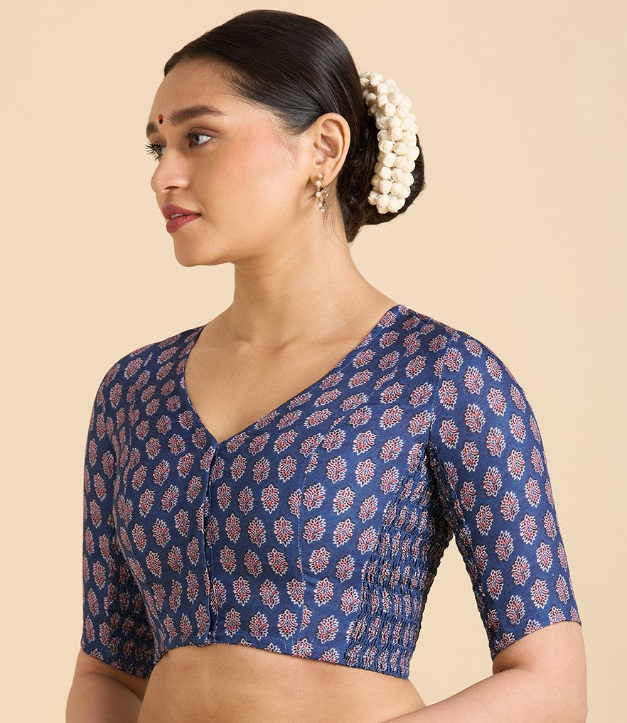 Women's Blue Cotton Printed Side Stretch (Smocked) Readymade Saree Blouse (Design 2941)