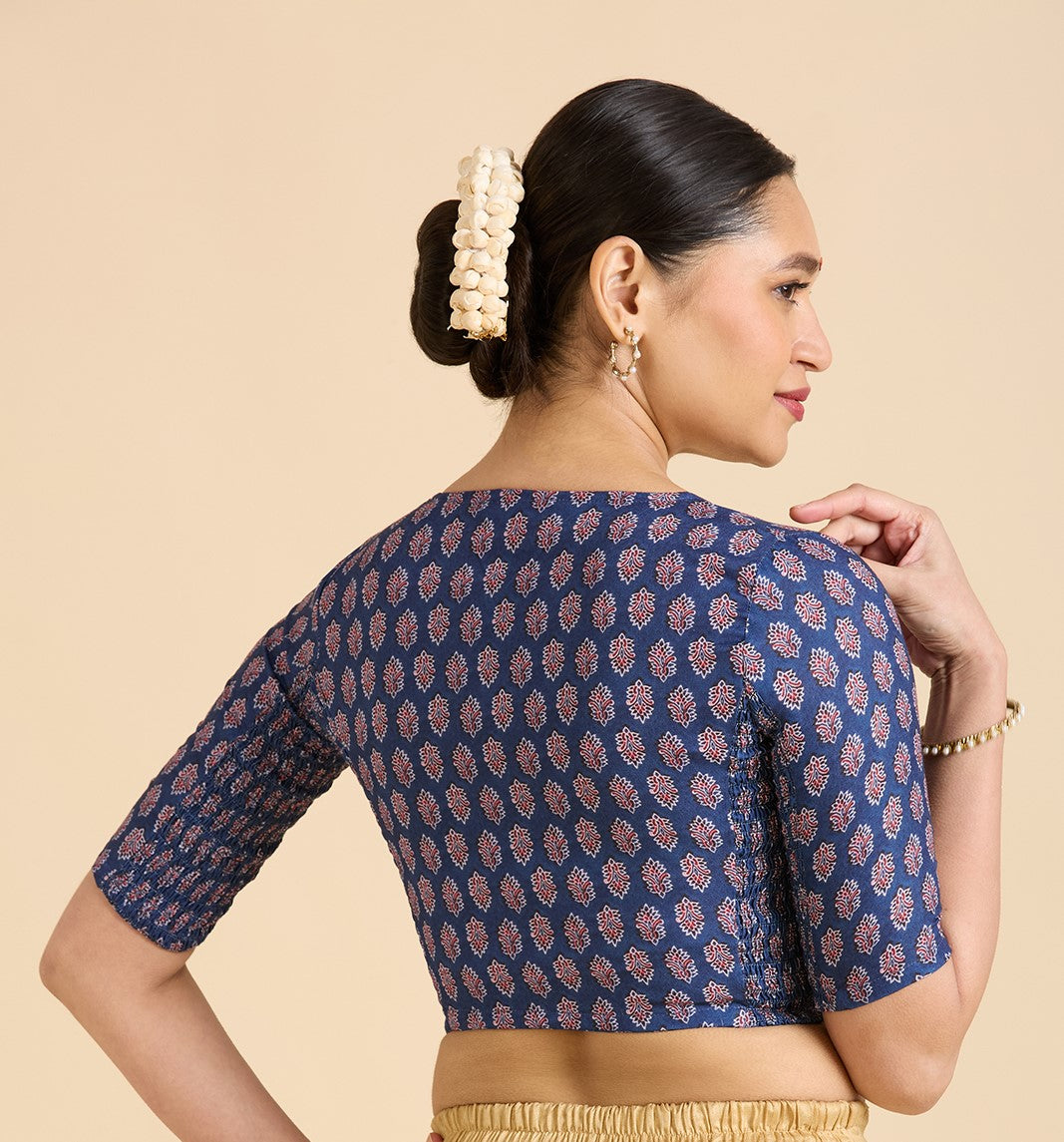 Women's Blue Cotton Printed Side Stretch (Smocked) Readymade Saree Blouse (Design 2941)