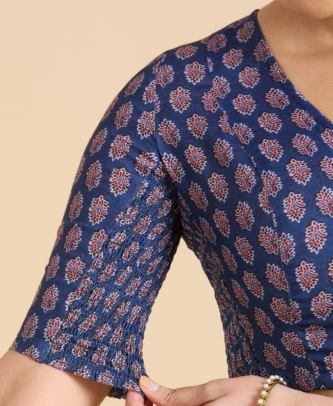 Women's Blue Cotton Printed Side Stretch (Smocked) Readymade Saree Blouse (Design 2941)