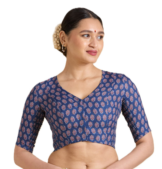 Women's Blue Cotton Printed Side Stretch (Smocked) Readymade Saree Blouse (Design 2941)
