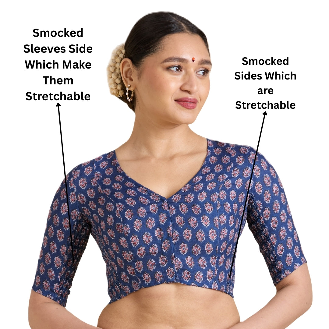 Women's Blue Cotton Printed Side Stretch (Smocked) Readymade Saree Blouse (Design 2941)