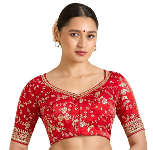Women's Red Viscose Satin Organza Embroidered Saree Blouse (Design 2942)