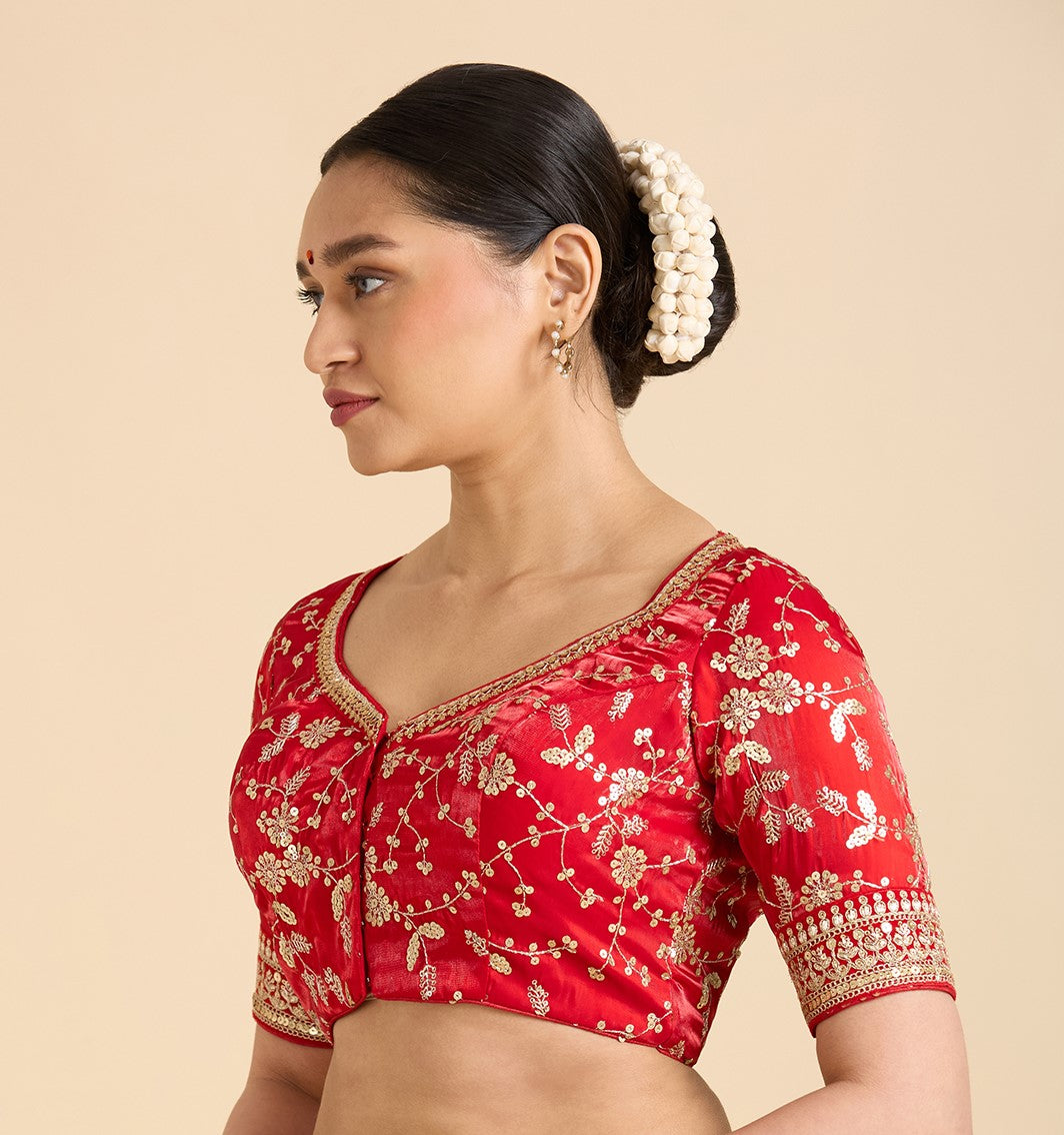 Women's Red Viscose Satin Organza Embroidered Saree Blouse (Design 2942)