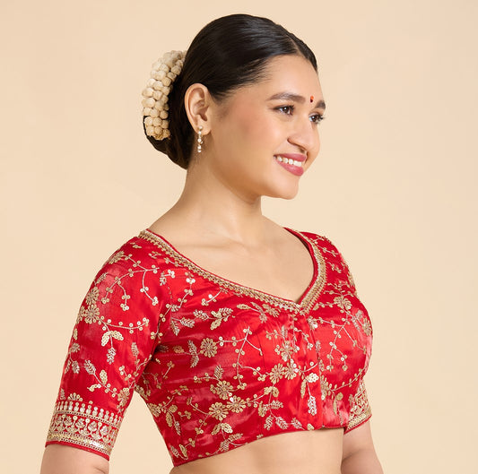 Women's Red Viscose Satin Organza Embroidered Saree Blouse (Design 2942)