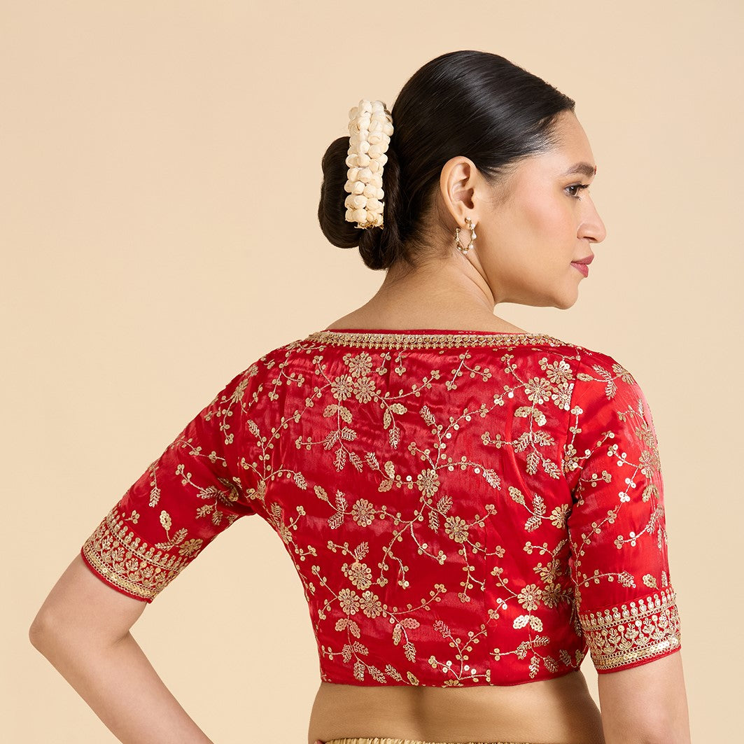 Women's Red Viscose Satin Organza Embroidered Saree Blouse (Design 2942)