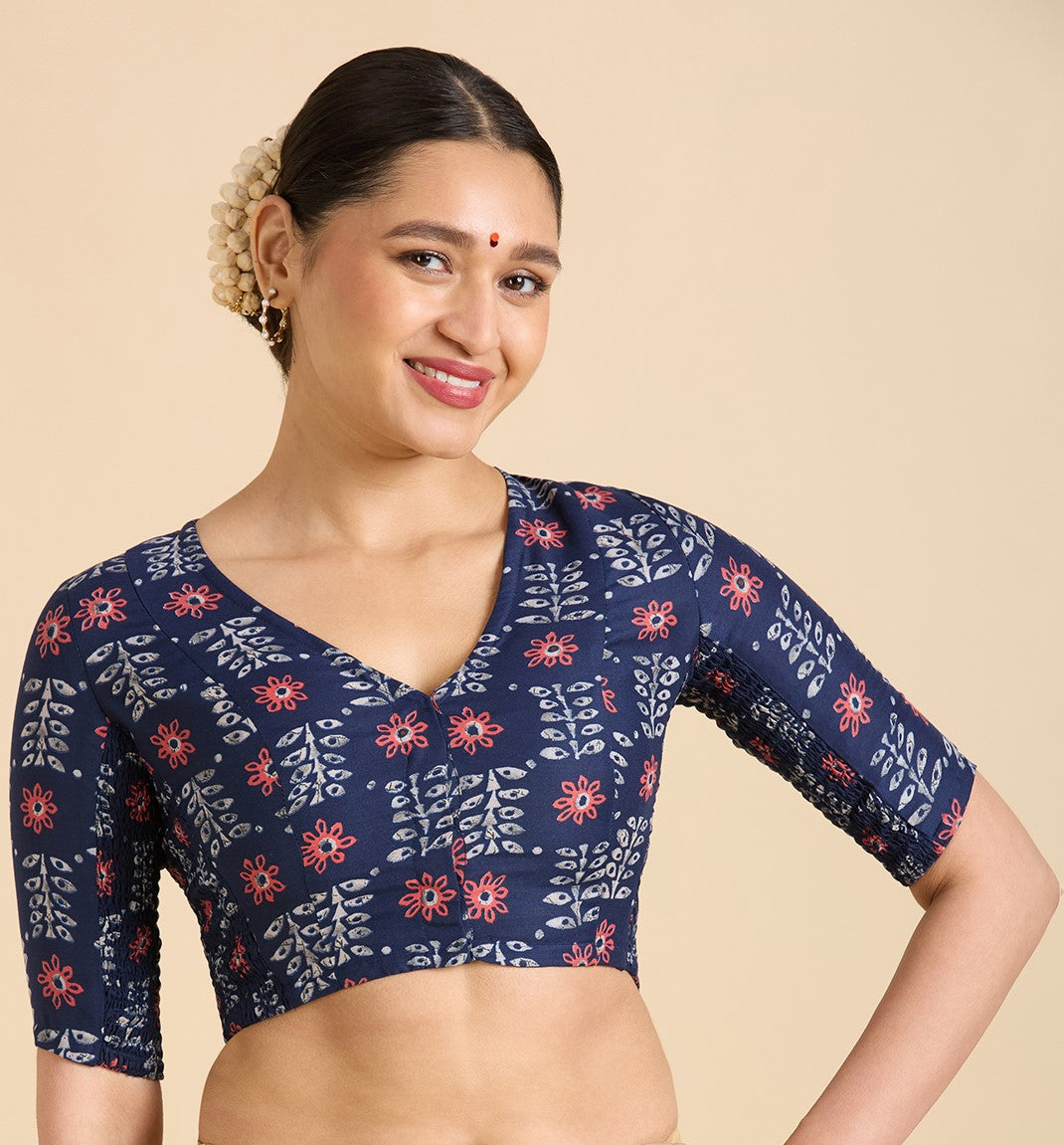 Women's Blue Cotton Printed Side Stretch (Smocked) Readymade Saree Blouse (Design 2943)