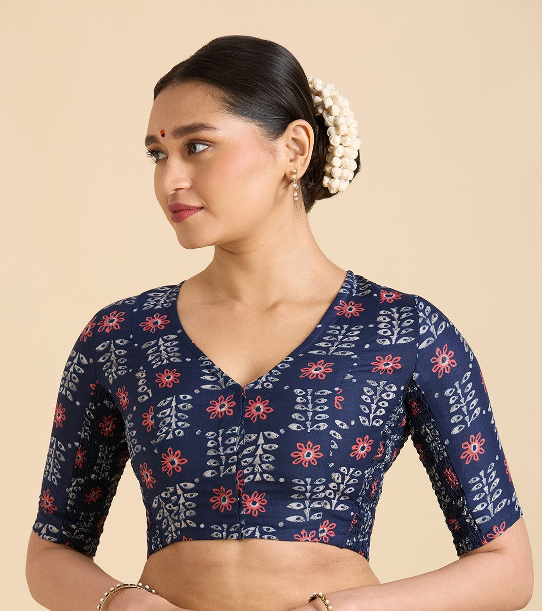 Women's Blue Cotton Printed Side Stretch (Smocked) Readymade Saree Blouse (Design 2943)