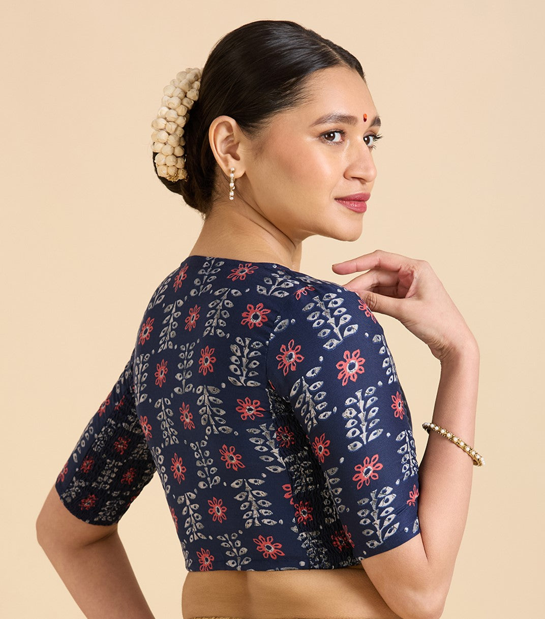 Women's Blue Cotton Printed Side Stretch (Smocked) Readymade Saree Blouse (Design 2943)