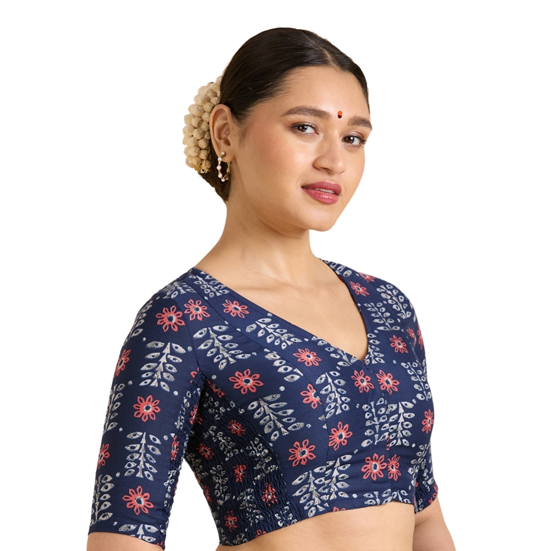 Women's Blue Cotton Printed Side Stretch (Smocked) Readymade Saree Blouse (Design 2943)