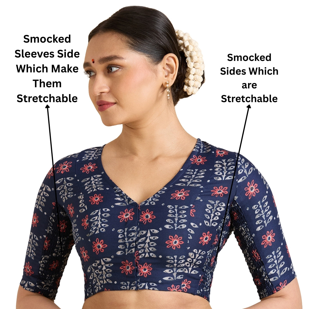 Women's Blue Cotton Printed Side Stretch (Smocked) Readymade Saree Blouse (Design 2943)