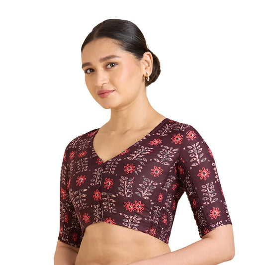 Women's wine Cotton Printed Side Stretch (Smocked) Readymade Saree Blouse (Design 2943)