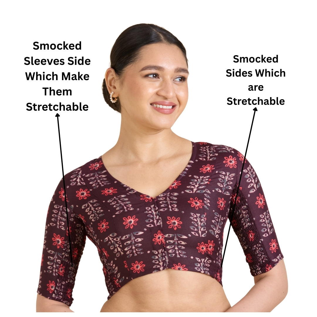 Women's wine Cotton Printed Side Stretch (Smocked) Readymade Saree Blouse (Design 2943)