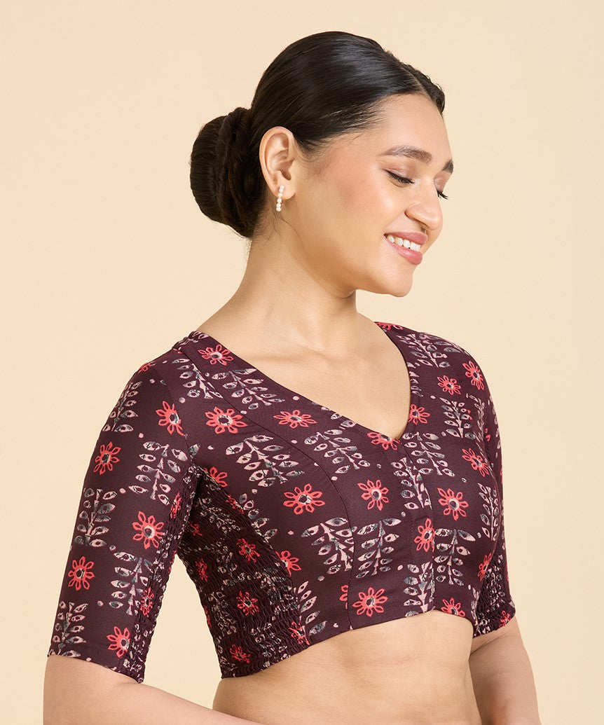 Women's wine Cotton Printed Side Stretch (Smocked) Readymade Saree Blouse (Design 2943)