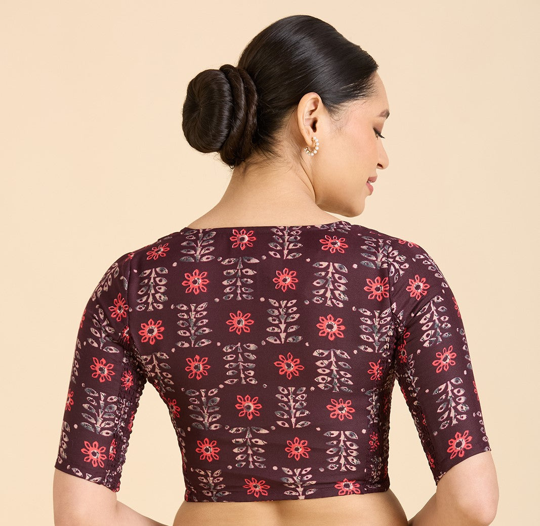 Women's wine Cotton Printed Side Stretch (Smocked) Readymade Saree Blouse (Design 2943)