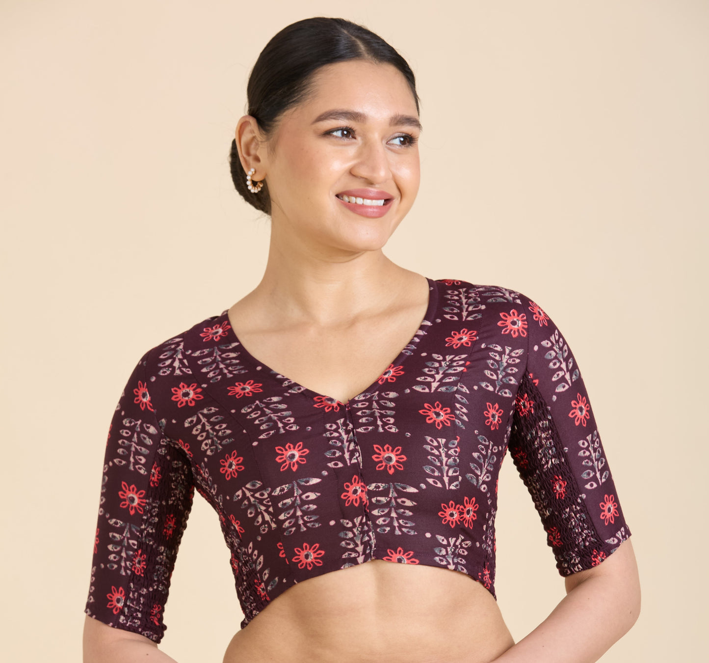 Women's wine Cotton Printed Side Stretch (Smocked) Readymade Saree Blouse (Design 2943)