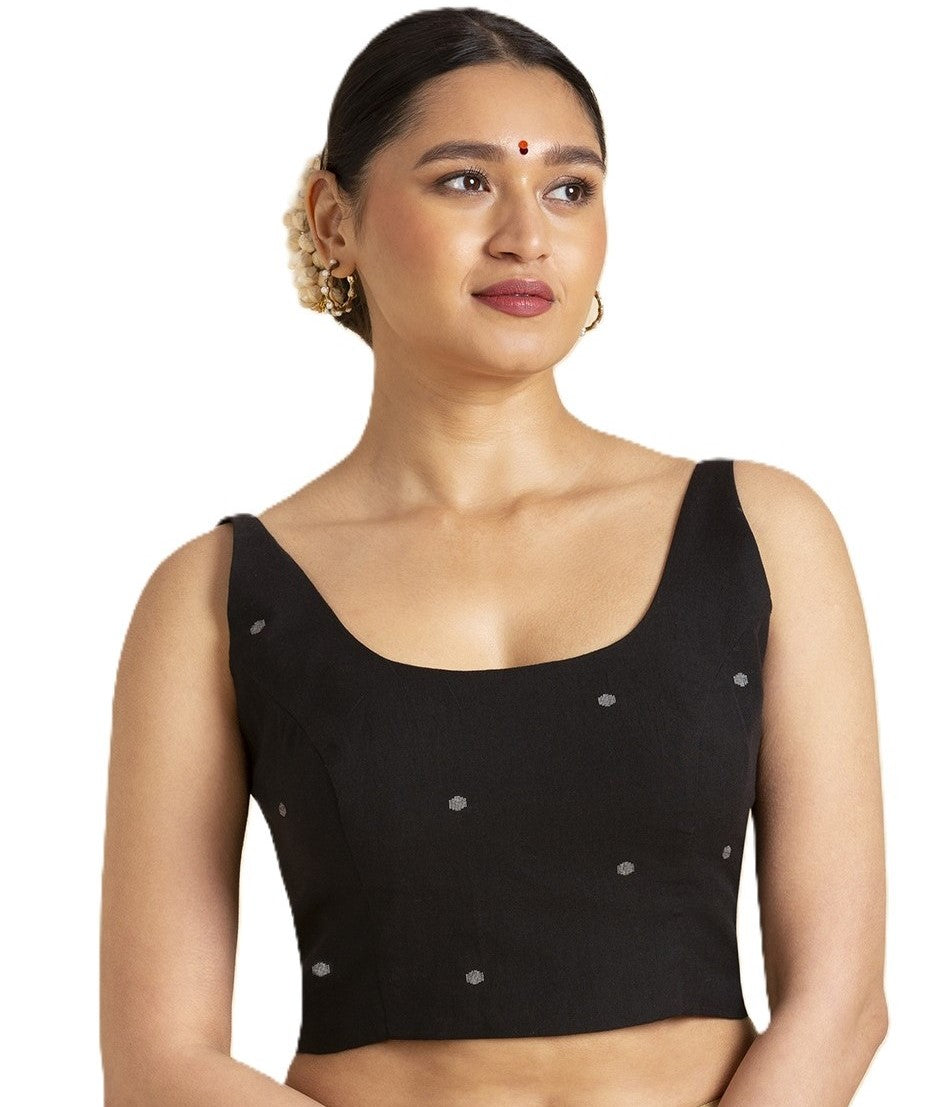 Women's Black Pure Cotton Handloom Sleeveless Readymade Saree Blouse (Design 2944)