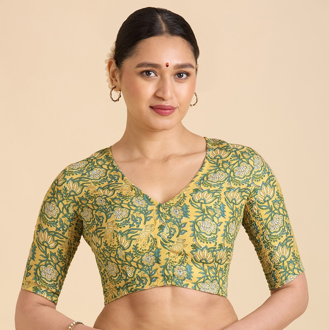 Women's Yellow Cotton Printed Side Stretch (Smocked) Readymade Saree Blouse (Design 2945)