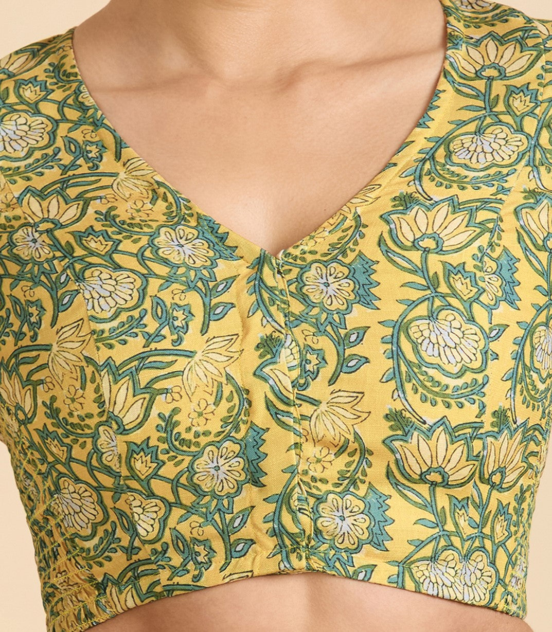 Women's Yellow Cotton Printed Side Stretch (Smocked) Readymade Saree Blouse (Design 2945)