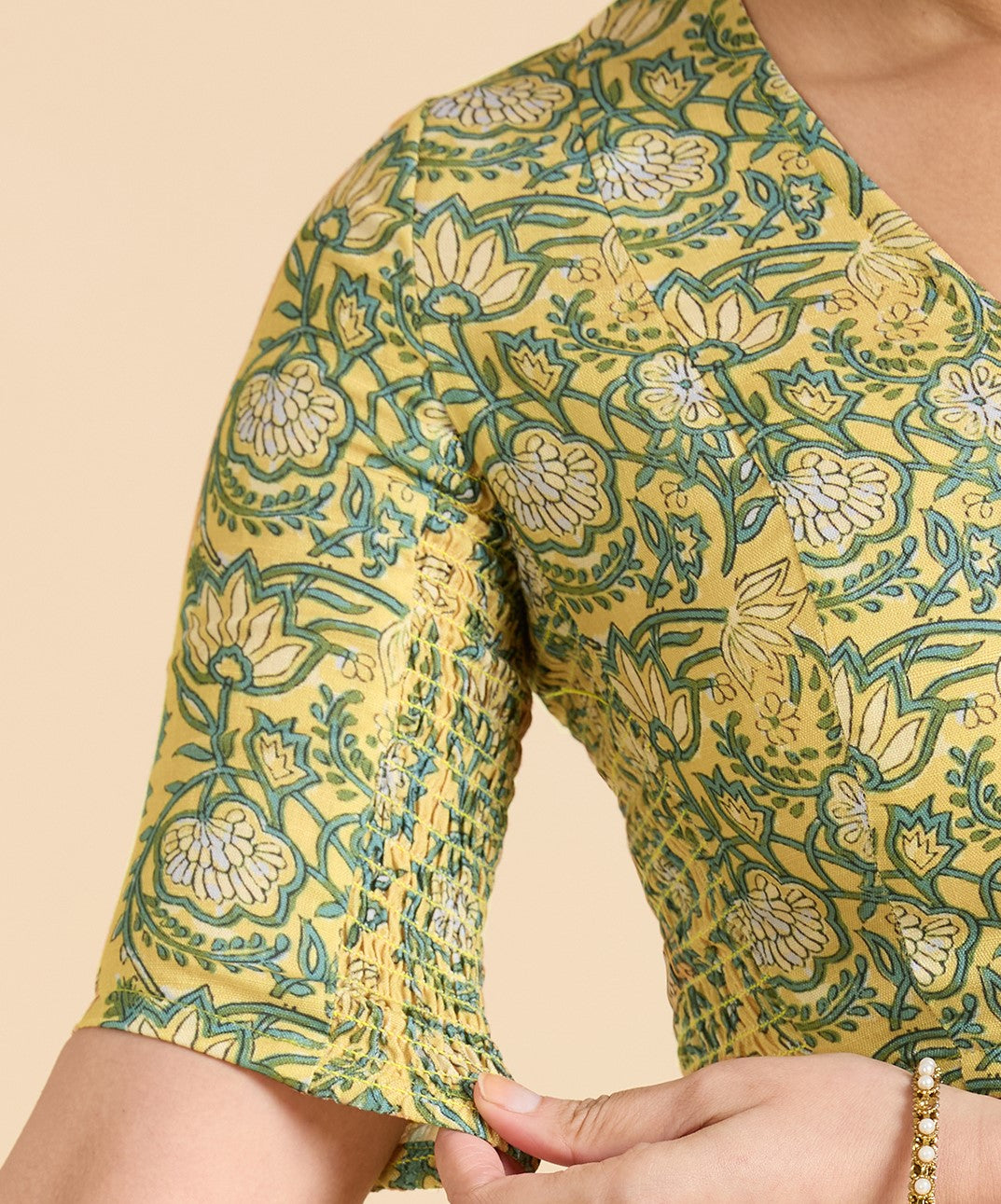 Women's Yellow Cotton Printed Side Stretch (Smocked) Readymade Saree Blouse (Design 2945)