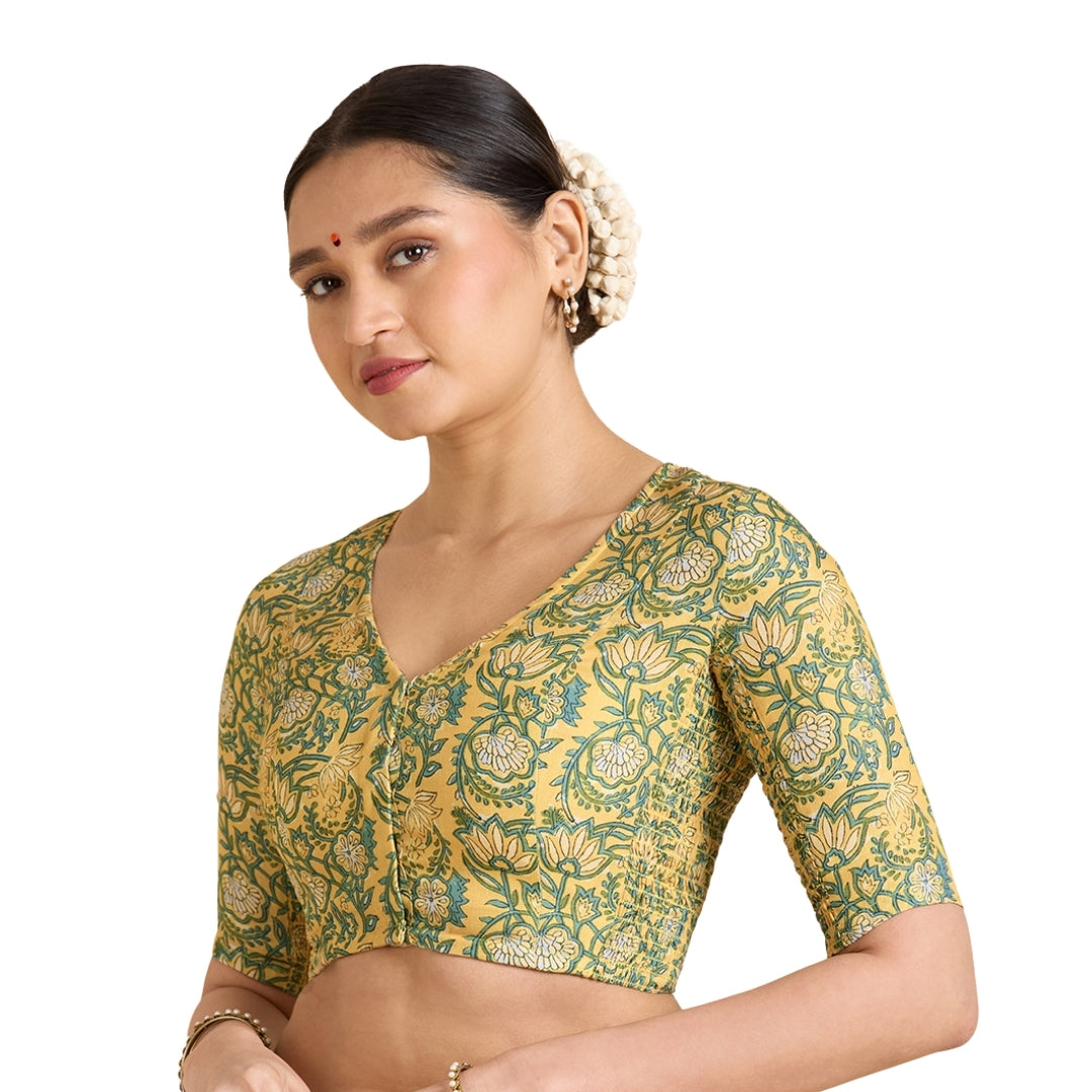Women's Yellow Cotton Printed Side Stretch (Smocked) Readymade Saree Blouse (Design 2945)