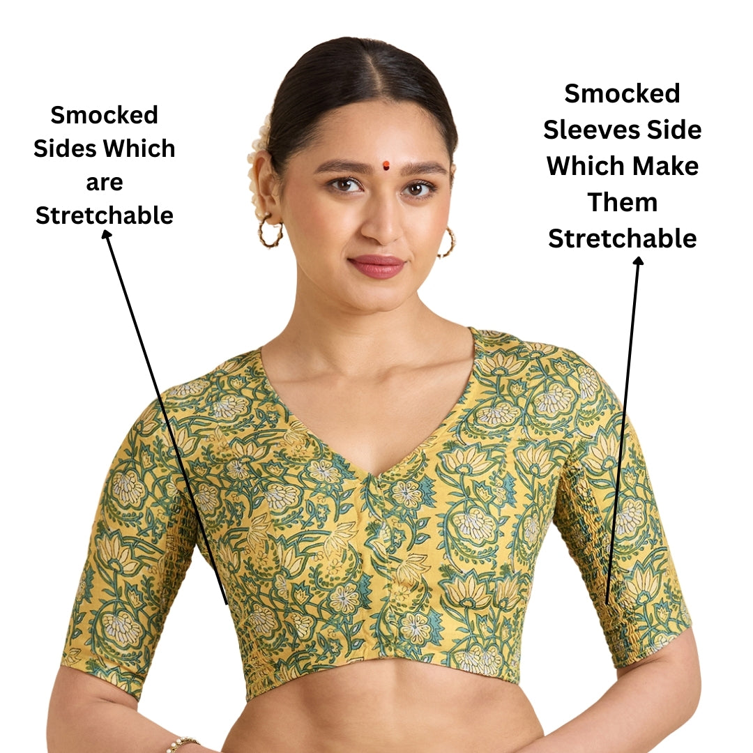 Women's Yellow Cotton Printed Side Stretch (Smocked) Readymade Saree Blouse (Design 2945)