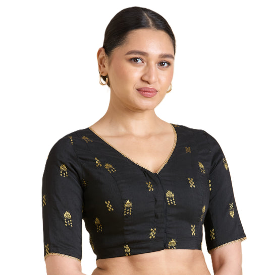Women's Black Handloom Cotton Silk Readymade Saree Blouse (Design 2946)