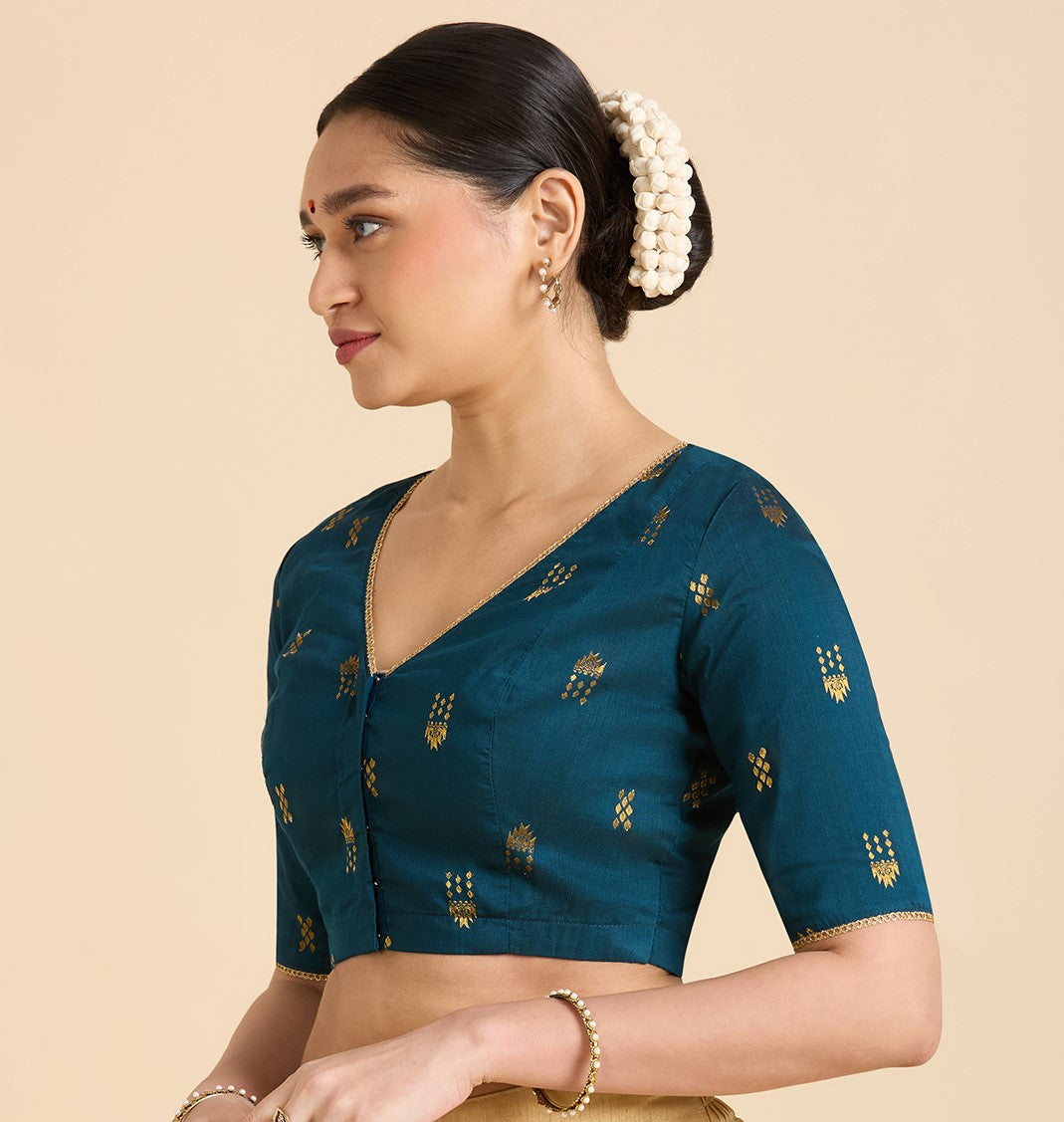 Women's Midnight Blue Handloom Cotton Silk Readymade Saree Blouse (Design 2946)