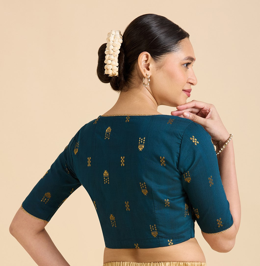 Women's Midnight Blue Handloom Cotton Silk Readymade Saree Blouse (Design 2946)