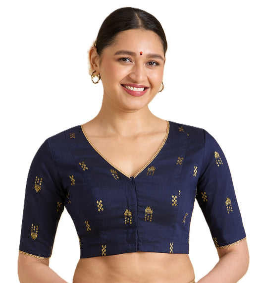 Women's Navy Blue Handloom Cotton Silk Readymade Saree Blouse (Design 2946)