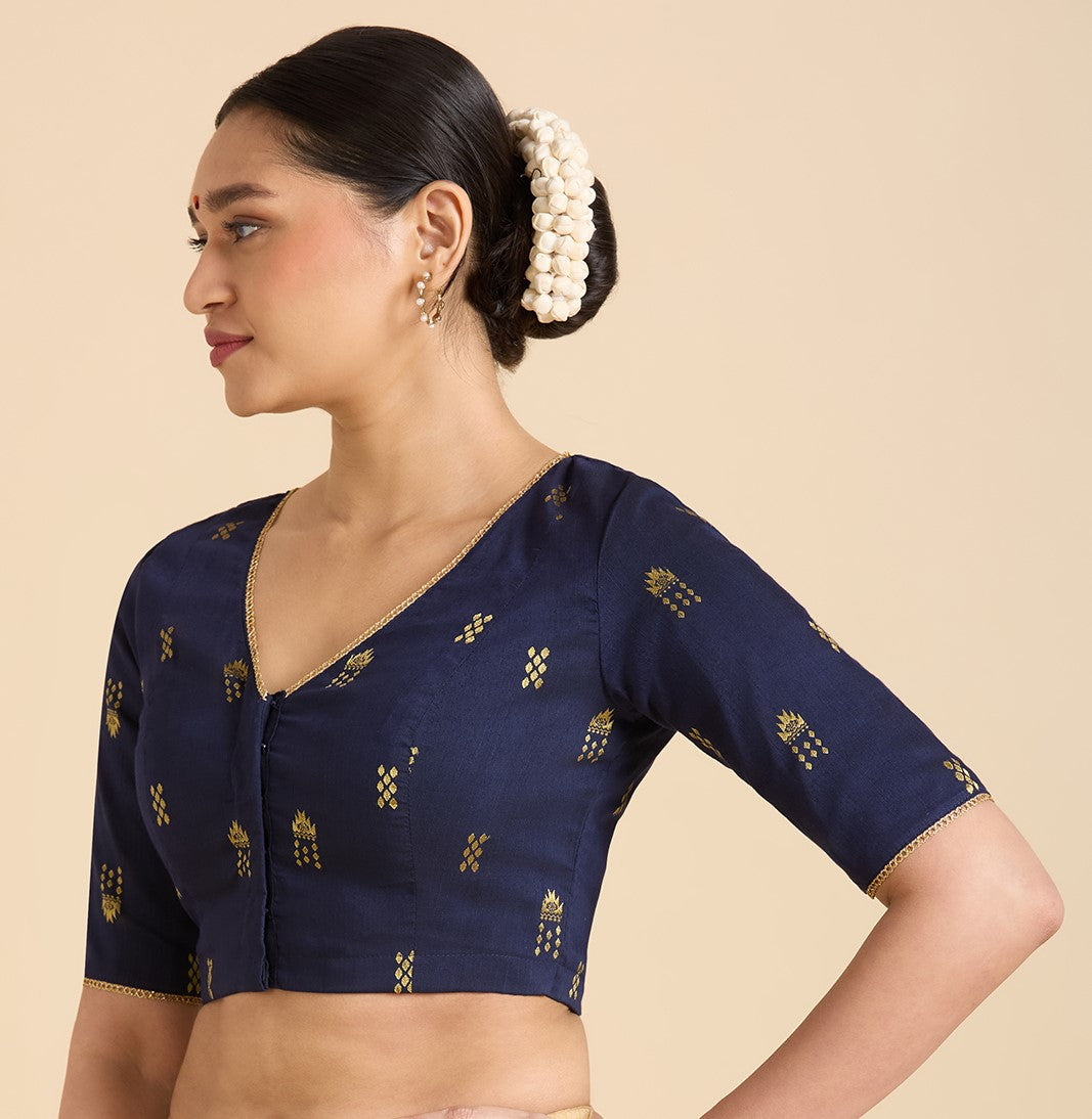 Women's Navy Blue Handloom Cotton Silk Readymade Saree Blouse (Design 2946)
