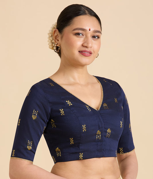 Women's Navy Blue Handloom Cotton Silk Readymade Saree Blouse (Design 2946)