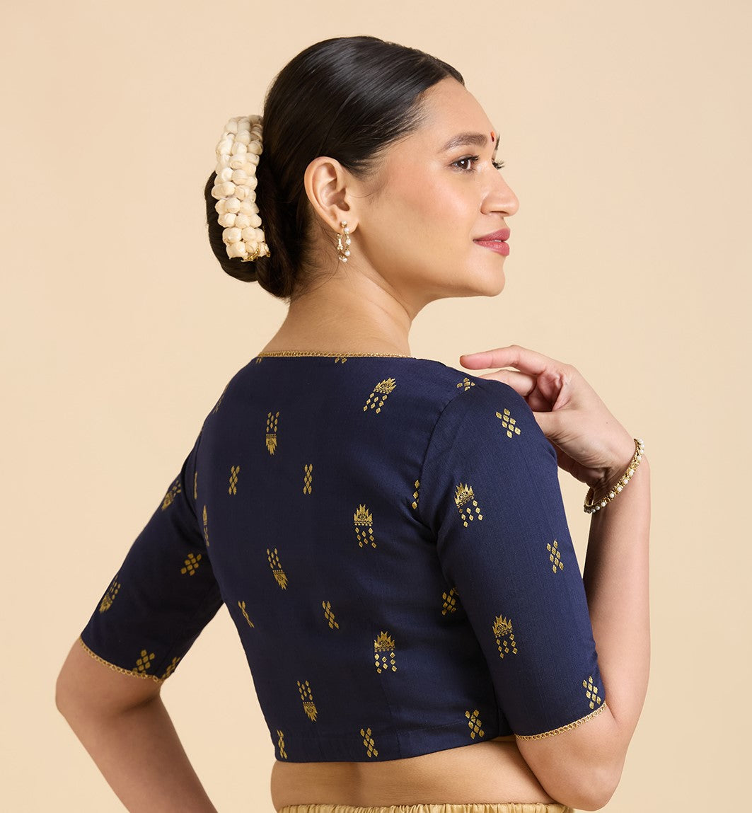 Women's Navy Blue Handloom Cotton Silk Readymade Saree Blouse (Design 2946)