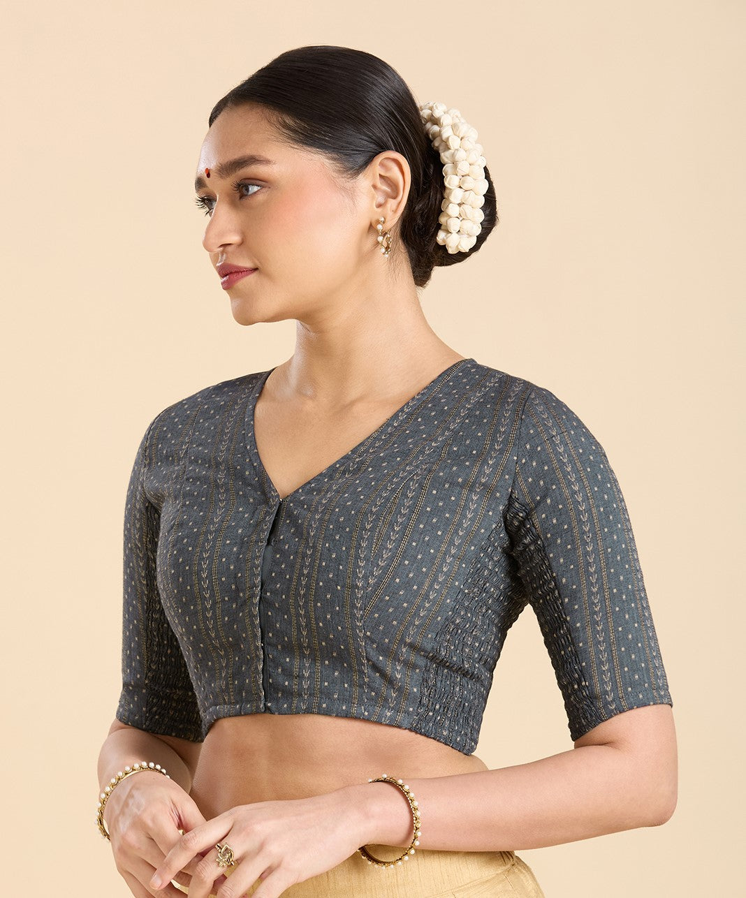 Women's Grey Handloom Cotton Side Stretchable (Smocked) Readymade Saree Blouse (Design 2947)