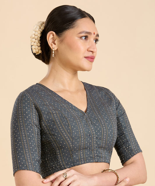 Women's Grey Handloom Cotton Side Stretchable (Smocked) Readymade Saree Blouse (Design 2947)