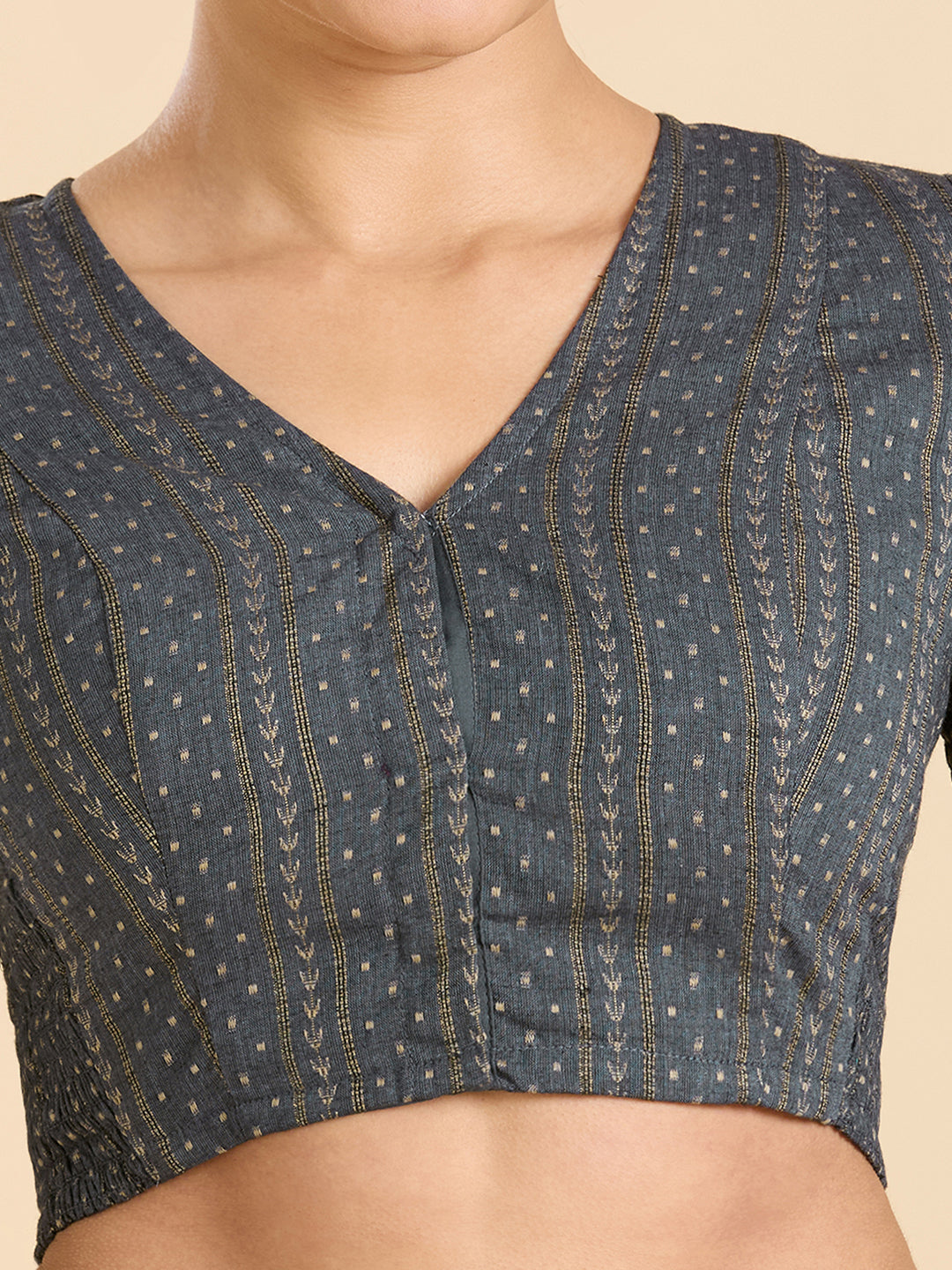 Women's Grey Handloom Cotton Side Stretchable (Smocked) Readymade Saree Blouse (Design 2947)