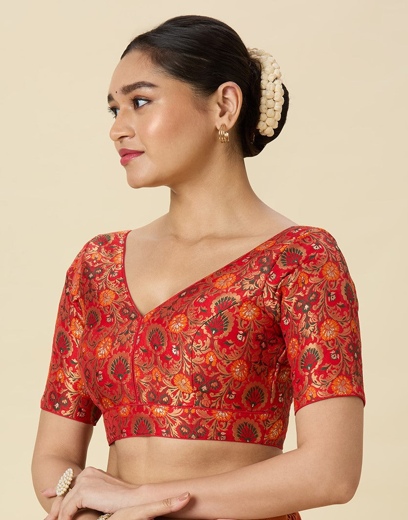 Women's Red Brocade Readymade Saree Blouse (Design 2948)